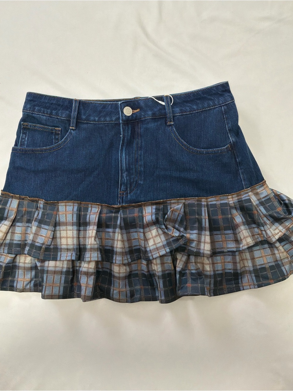 HALARA Blue Denim Mini Skirt with Plaid Ruffle Hem
